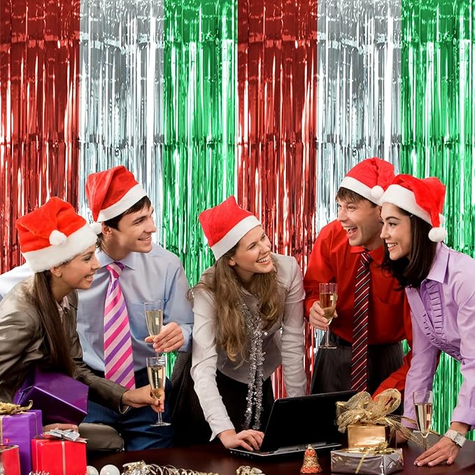 TONIFUL 3Pcs Red Silver Green Door Streamers,Photo Booth Backdrop Metallic Streamers Foil Fringe Curtains for Birthday,Christmas,New Year,Bachelorette,Grad Party Streamers Decor(9.9ft x 6.6ft)