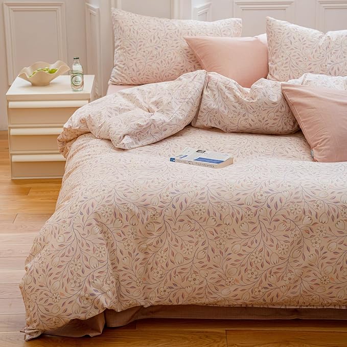 EAVD Pink Botanical Duvet Cover Queen - Soft 100% Cotton Garden Floral Tree Branches Pattern Bedding Set with 2 Pillowcases Vintage Style Comforter Cover with Zipper Closure