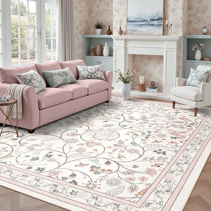 DCX Pink Vintage Floral Area Rug 6x9, Machine Washable Botanical Bird Rug Non Slip Soft Low Pile Large Carpet for Living Room, Bedroom, Dining Room, Home Office