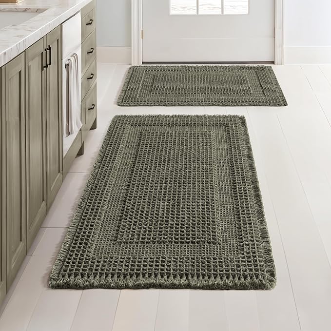 MIULEE Set of 2 Waffle Bathroom Rugs, Boho Bath Rug Super Absorbent, Non Slip Washable Ultra Soft Rubber Backed Shower Bath Mats for Floor, Tub, Shower, Looped Design, Green, 17"x24"+18"x30"