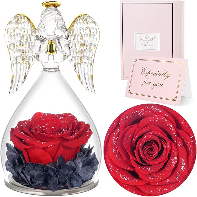 Sunia Preserved Flower Rose Gift for Women - Mother's Day Birthday Gifts for Mom Wife Grandma, Glass Angel Figurines Forever Real Roses Gifts for Her Valentine Day Thanksgiving﻿ (Red Starry Sky)