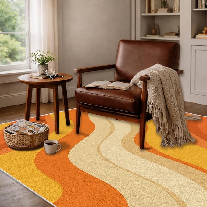 Sunset Flow Area Rug 4x6, Modern Abstract Wave Rug, Retro Orange Neutral Carpet for Living Room Bedroom, Soft Non Slip Washable Rug