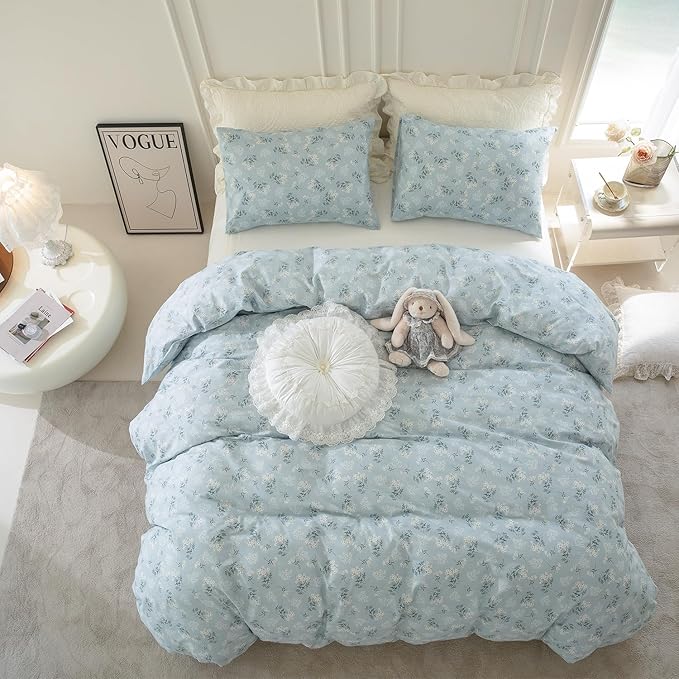 Queen Floral Comforter Set 3 Pieces Soft Bedding Comforter Set Garden Style Blue Floral Botanical Flower Comforter Set for All Seasons 1 Comforter and 2 Pillowcases