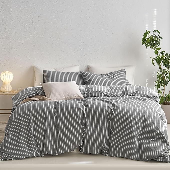 MooMee Striped Duvet Cover Set 100% Washed Cotton Linen Like Textured Breathable Durable Soft Comfy (Dark Grey White Wide Stripes, Oversized Queen 98"x98")