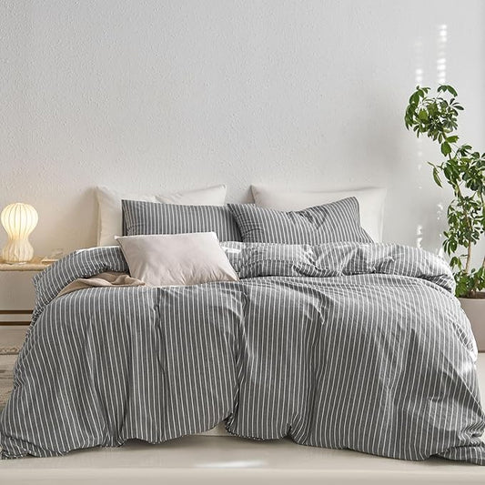 MooMee Striped Duvet Cover Set 100% Washed Cotton Linen Like Textured Breathable Durable Soft Comfy (Dark Grey White Wide Stripes, Twin 68"x90")