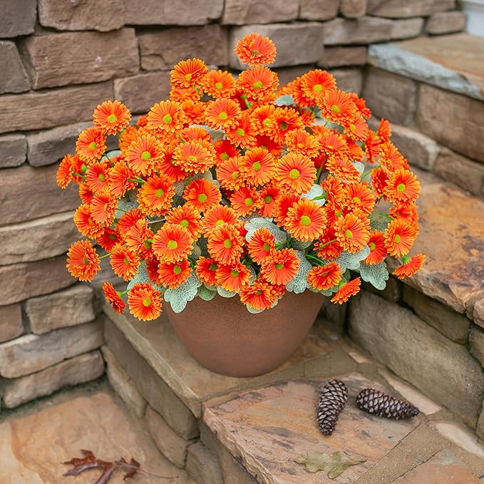 HyeFlora Dahlia Artificial Winter Flowers for Outdoors Christmas Decoration, 6 Bundles Fake Daisy Orange Faux Plants Realistic UV Resistant Silk Flowers for Outside Planter Front Door Yard Garden