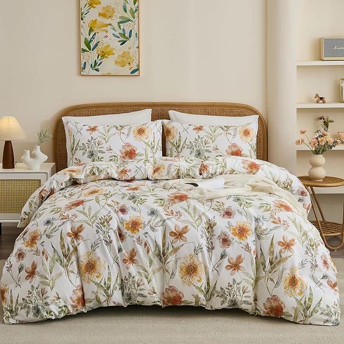 100% Cotton Duvet Cover Queen Size – Elegant Natural Yellow Floral Duvet Cover Set with Zipper Closure, 3-Piece Soft Breathable Durable Percale Cotton Bedding Set for All Seasons
