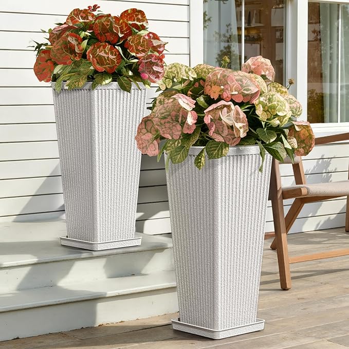 Square Tall Planters for Outdoor Plants Set of 2-23.6" Heavy-Duty Classic Tapered Indoor Flower Pots with Drainage Holes/Partition/Tray, Large Outdoor Planters for Porch Patio Garden, White
