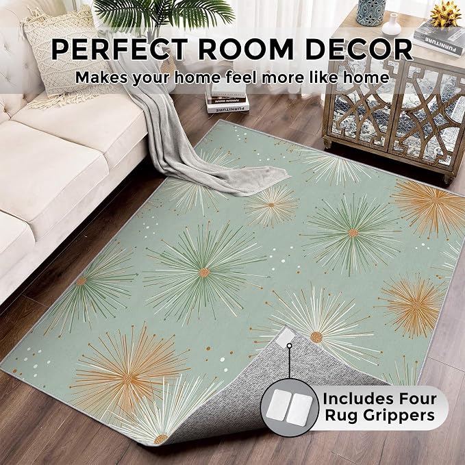 Mid Century Modern Rugs for Bedroom 3x5 ft, Starburst Area Rugs for Living Room, Washable Non Slip Low Pile Retro Atom Carpet, Home Decor PF-P 107
