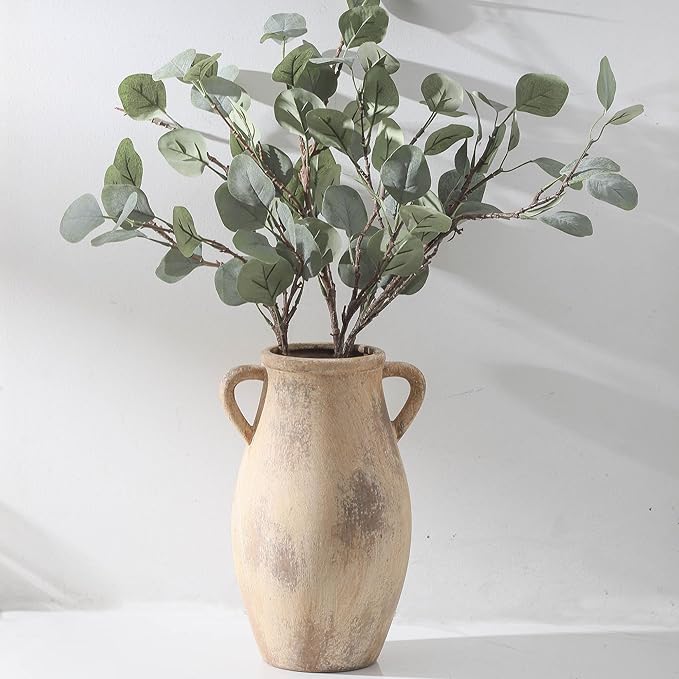 Large Ceramic Vase,11.3 inch Tall Farmhouse Flower Vase with 2 Handles, Terracotta Decorative Flower Vase for Home Decor, Living Room Entryway Table Centerpiece Decor