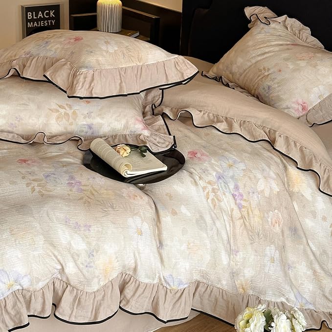 VM VOUGEMARKET Ruffle Duvet Cover Queen Muslin Cotton Vintage Flower Duvet Cover Soft Breathable Linen Like Gauze Bedding Set for Girls-Ivory