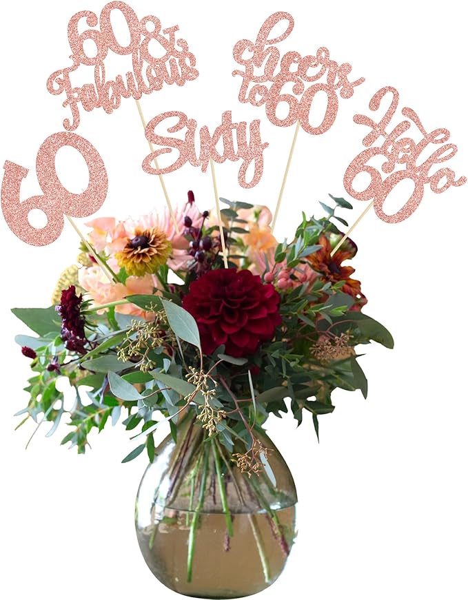 Gyufise 15Pcs 60th Birthday Centerpiece Sticks Sixty Happy 60th Table Flower Centerpieces Sticks Cheers to 60 Floral Decorations for 60th Birthday Party Centerpieces Supplies Rose Gold
