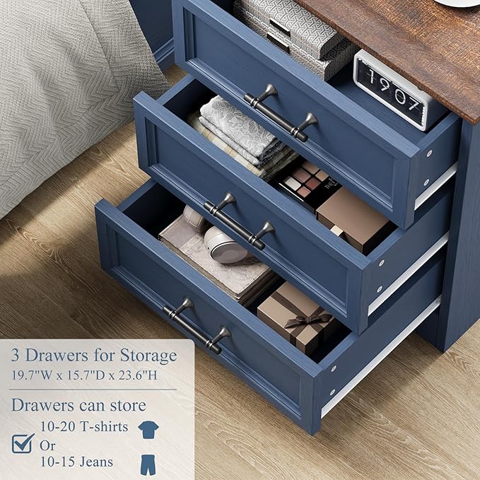 Blue Nightstand with Charging Station, 19.7" Farmhouse End Table with 3 Drawers Storage, Wooden Night Stand, Bed Side Table with Unique Base Design, 3 Drawer Dresser for Bedroom, Living Room