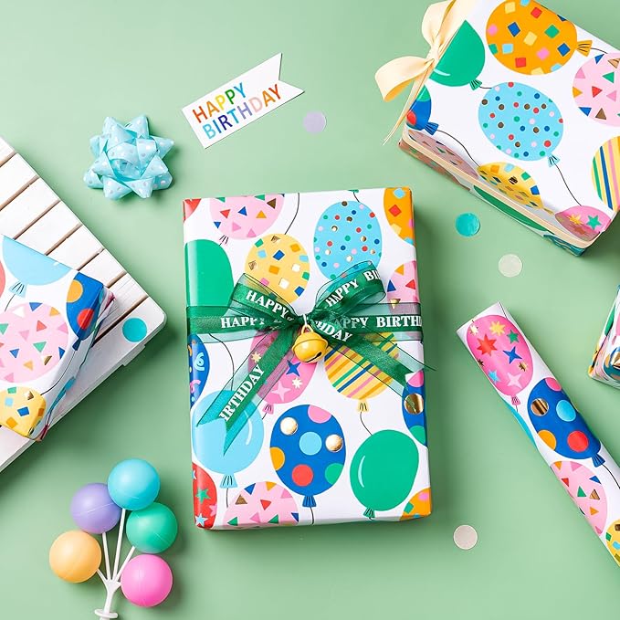 WRAPAHOLIC Birthday Wrapping Paper Roll - Mini Roll - 17 Inch x 16.5 Feet - Gold Foil Colorful Balloon Design Perfect for Birthday, Holiday, Party, Baby Shower