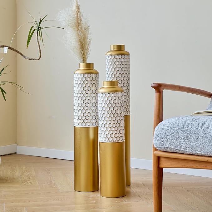 Metal Floor Vases Decorative, Set of 3 Flower Arrangement Stand, Gold＆White Hexagon Metal Floor Vases for Living Room, Bedroom & Entryway, 32.6", 28.34", 24" H (Gold＆White Hexagon)
