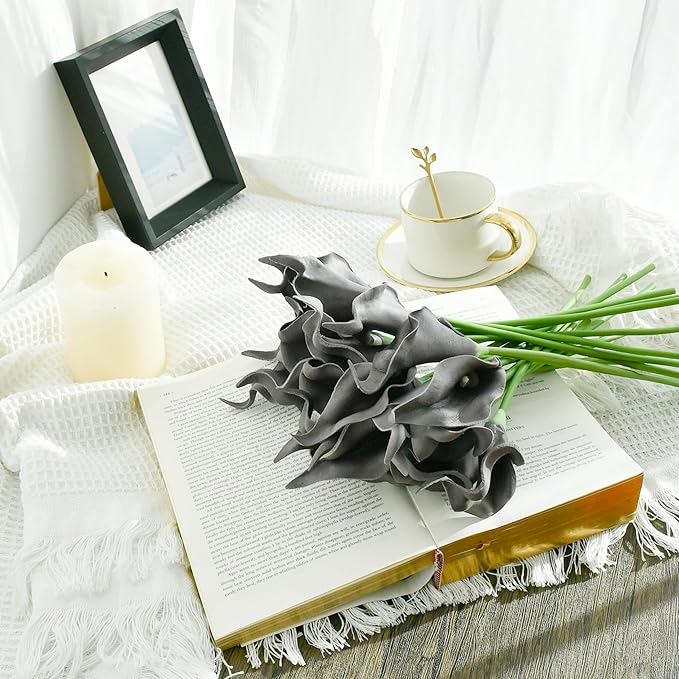 Mandy's PU Dark Grey Calla Lily Artificial Flowers 20 Stems 13.5in Faux Realistic Centerpiece for Thanksgiving and Christmas Decorations DIY Bridal Bouquet Home Décor