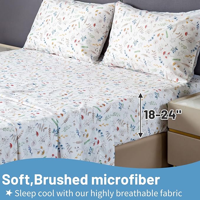 Bedlifes Queen Size Extra Deep Pocket Sheet Sets - Fits Mattresses Up to 18-24" Thick, 4-Piece Microfiber Set with 1800 Thread Count, Soft, Smooth, Breathable, Featuring White Floral