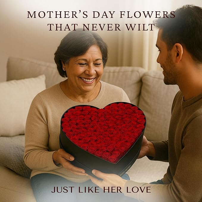 100 Preserved Roses, Forever Flowers for Delivery in Designer Heart-Shaped Box, Petite Long-Lasting Buds for Women, Eternal Rose Bouquet for Mothers Day, Girlfriend's Birthday