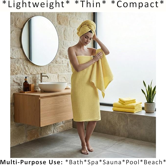 PÜSKÜL 4-Piece Natural 100% Turkish Cotton Luxury Waffle Towels for Bathroom | Premium Honeycomb Weave 2 Hand Towel & 2 Bath Towel Set | Soft Absorbent Quick-Dry Lightweight Towels (Light Yellow)