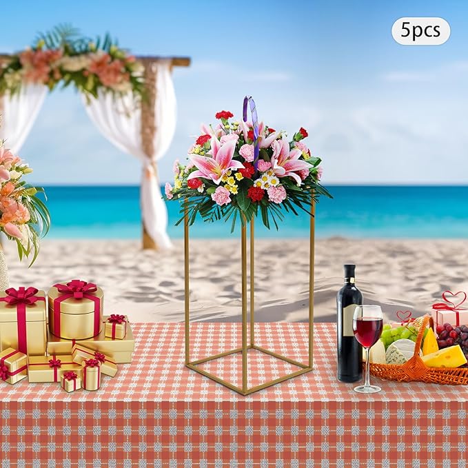 5PC 23.6" Flower Stand for Wedding Metal Cylinder Stands for Party Rectangular Gold Centerpieces Flower Vase Gold Pedestal Columns for Weddings Indoor Outdoor Flower Plant Stand Decoration