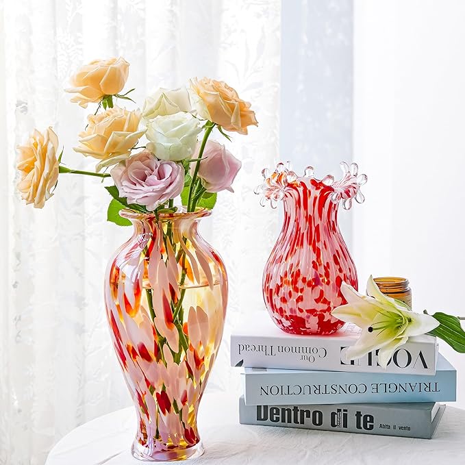 QFkris Hand Blown Glass Vase for Flowers, 12 Inch Tall Crystal Flower Vases for Bouquet Home Decor Decorative Centerpieces, Unique for Mom, Valentine's Day Gift for Her Lover Girlfriend