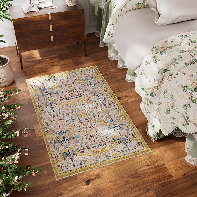 AMTOVO 2x3 Washable Indoor Welcome Door Mat, Vintage Boho Floral Distressed Print Non-Slip Area Rug, Small Throw Rugs for Entryway Indoor Entrance Kitchen Bathroom Laundry Bedroom Floor, Golden Yellow