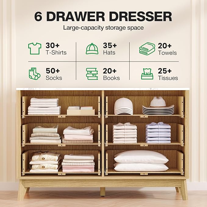 Fluted 6 Drawer Dresser, 47" Wide Chest of Drawers with Faux Marble Top,Modern Dresser TV Stand, Wood Closet Clothes Storage Organizer with Curved Edges for Bedroom, Living Room, Natural