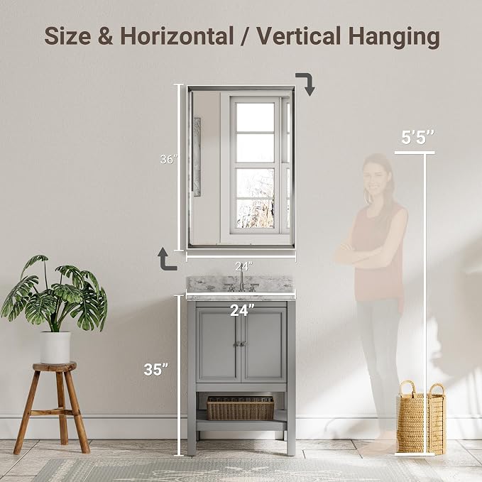 Silver Bathroom Mirror, 24x36 Inch Beveled Vanity Mirror for Wall, Anti-Rust Silver Metal Framed Rectangle Mirror (Vertical/Horizontal)