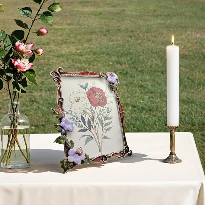 Vintage Floral Picture Frame Luxury Unique Ornate Antique 4X6 Photo Frame of HD Glass for Tabletop/Wall Display Gifts for Women (Retro Purple Flowers with Red Edges)