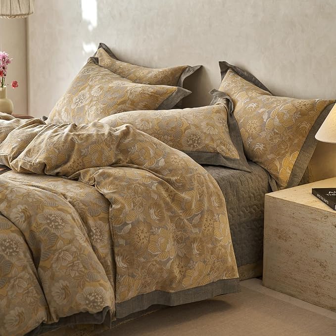 EAVD Vintage Style Yellow Floral Duvet Cover Full Soft 100% Muslin Cotton Yarn-Dyed Jacquard Textured Bedding Set with 2 Pillowcases Linen Like Gauze Botanical Duvet Cover with Zipper Closure