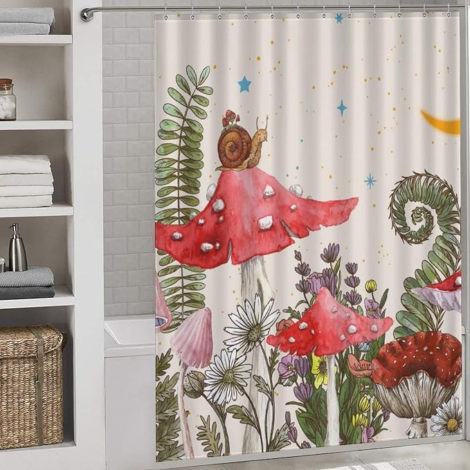 Mushroom Shower Curtain, Wild Floral Botanical Moon Star Daisy Cottagecore Nature Botanical Plants Herbs Farmhouse Waterproof Fabric Bathroom Shower Curtain Set with Hooks, 72"x84" Inch