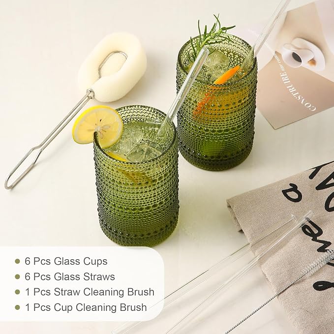 ZMOWIPDL Vintage Glassware Drinking Glasses Set of 6,15 oz Hobnail Glass Cups,Embossed Green Water Tumbler,for Beer,Cocktail,Whiskey,Juice and Various Mixed Drinks- 1 Cleaning Brush