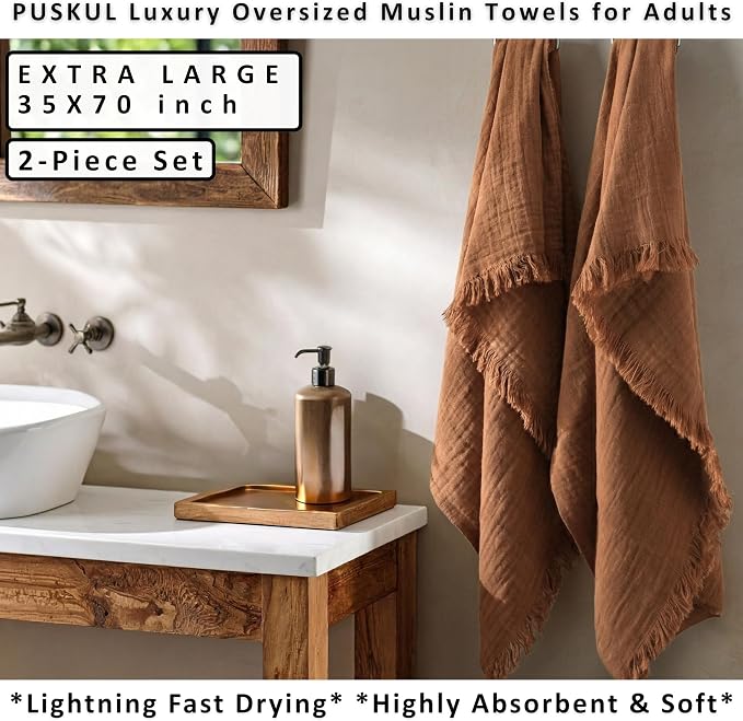 PÜSKÜL - Premium 2-Piece Oversized Muslin Bath Towel for Adult 35x70 Extra Large Bath Sheets | Natural 100% Turkish Cotton Soft Absorbent Quick-Dry Light Spa & Beach Towels (Pack of 2, Rust Brown)