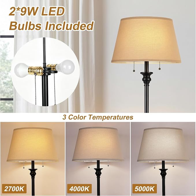 2-Light Floor Lamp for living room, 66.5'' Rustic Farmhouse Pole Lamp with Double Pull Chain, Mid Century Vintage Tall Standing Lamp for Bedroom Home Decor(3 Color Temperatures Bulb Included), Black