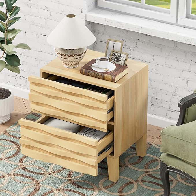 UEV Solid Wood Nightstand Set of 2, 19.7" W Boho Nightstand with 2 Drawers, Fluted Wood Night Stand, Mid Century Modern Bed Side Table for Bedroom, Ivory White