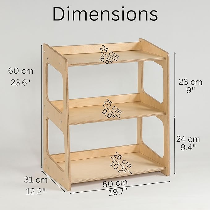 Montessori Bookshelf for Toddlers Solid Wood Toy Storage Shelf Organizer for Playroom and Classroom Floor Bookshelf for Kids Room (Natural, 3-Shelves)
