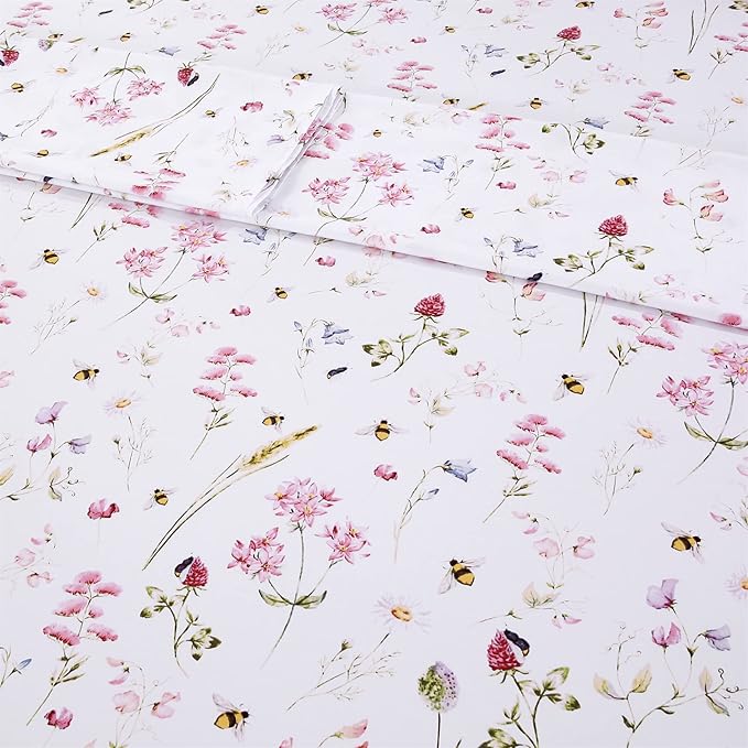 RYNGHIPY Shabby Floral Bees Print Bedding Sheets with Pillowcases, Breathable Egyptian Cotton Bed Sheet Set (Bee,King Size)