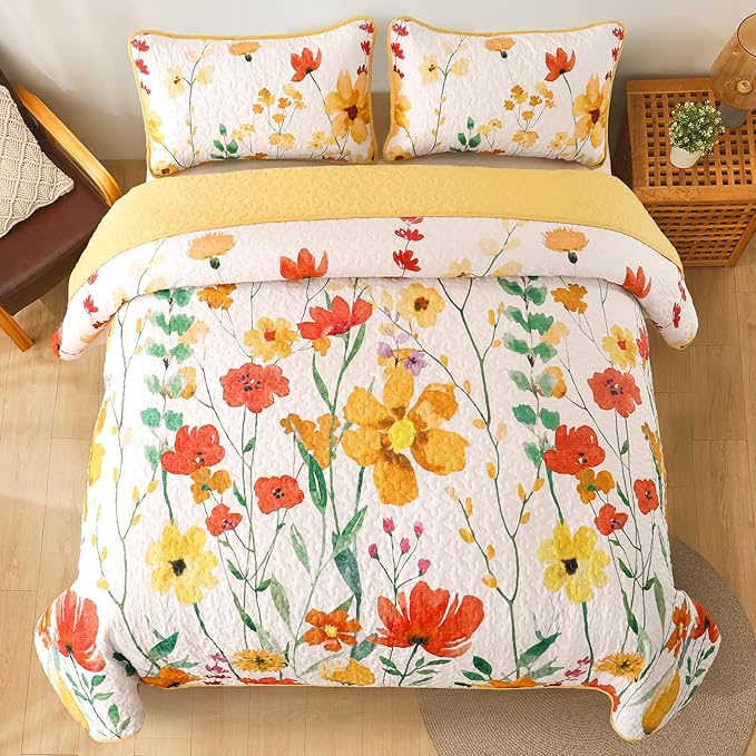 Anibedding Quilt Set Full Size, Yellow Floral Reversible Bedspread Soft Microfiber Lightweight Full Quilt Bedding Sets Reversible Coverlet for All Season(78"x90")