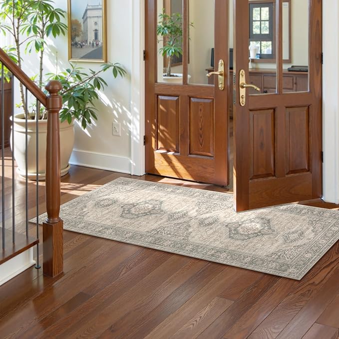 Lahome Oriental Washable Runner Rug Non Slip, 2x7 Rug Runners for Hallways Kitchen, Ultra-Thin Hallway Rugs for Laundry Room Bathroom Bedroom, Grey/Brown