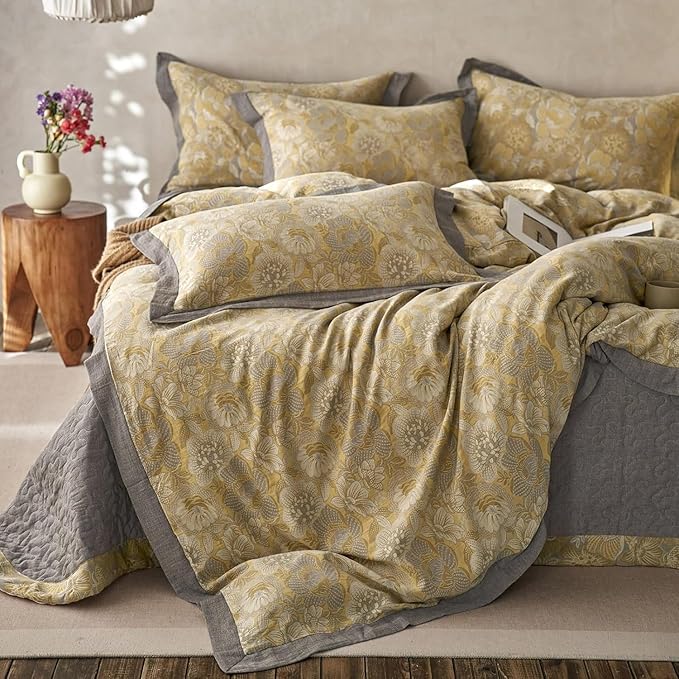 Jacquard Floral Duvet Cover Set Twin Premium Yarn-Dyed Cotton Yellow Gold Flower Duvet Cover Jacquard Reversible Floral Comforter Cover with Edge Design Vintage Garden Style Botanical Bedding Set Twin
