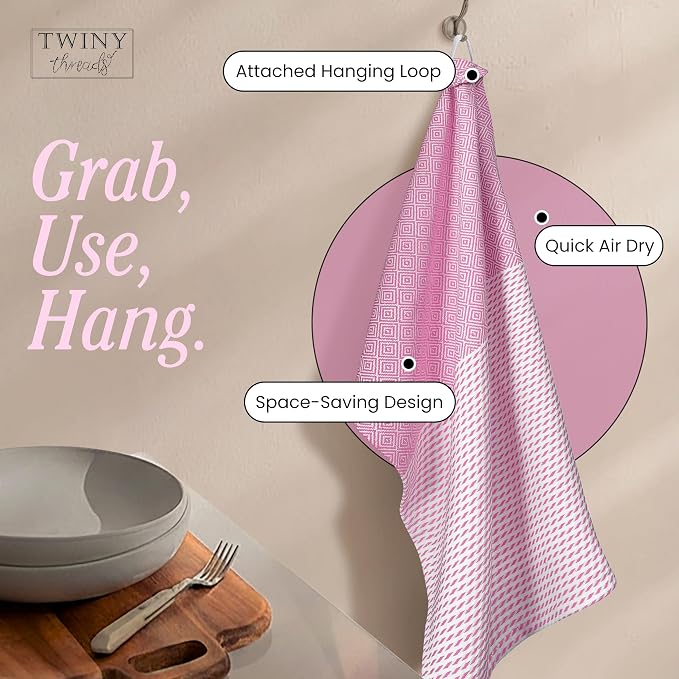 TWINY threads Kitchen Towel Diamond Weave, 4 Pack, Premium Large 100% Cotton Kitchen Linen Set, Absorbent Quick Drying Dish Rags for Drying Dishes, Multi Purpose Washable Towel, 18"x26", Rose Pink