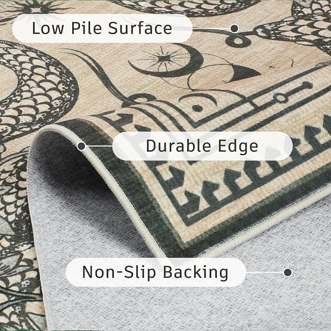 DCX Washable 4x6 Snake Rug, Beige Gothic Rug for Living Room, Soft Low Pile Carpet, Kid & Pet Friendly with Rubber Back Non Slip, Stain Resistant Rug for Bedroom Dining Room Office