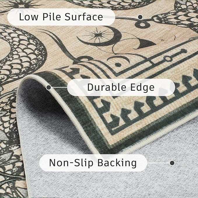 DCX Washable 6x9 Snake Rug, Beige Gothic Rug for Living Room, Soft Low Pile Carpet, Kid & Pet Friendly with Rubber Back Non Slip, Stain Resistant Rug for Bedroom Dining Room Office