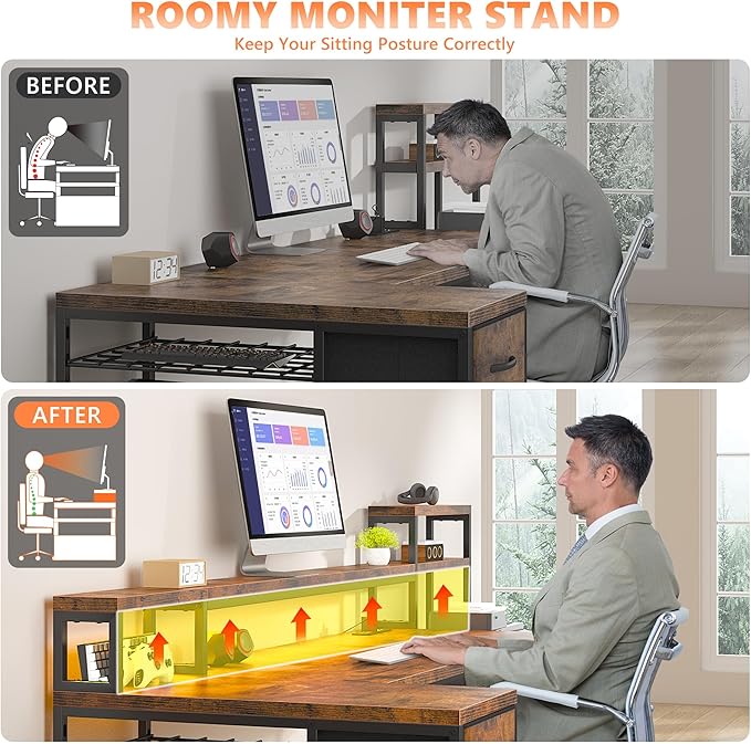 EnHomee 71" L Shaped Computer Desk with 3 Drawers & Hutch,Reversible Gaming Desk with LED Lights & Power Outlet,Home Office Desks with Monitor Stand & Printer Shelf for Student School Rustic Brown