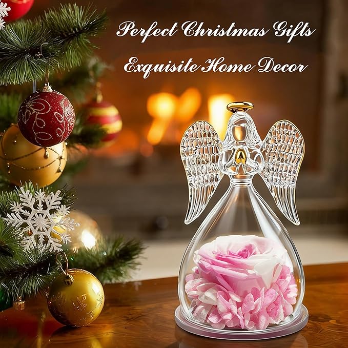 Sunia Preserved Flower Rose Gift for Women - Mother's Day Birthday Gifts for Mom Wife Grandma, Glass Angel Figurines Forever Real Roses Gifts for Her Valentine Day Thanksgiving﻿ (Gradient Pink)