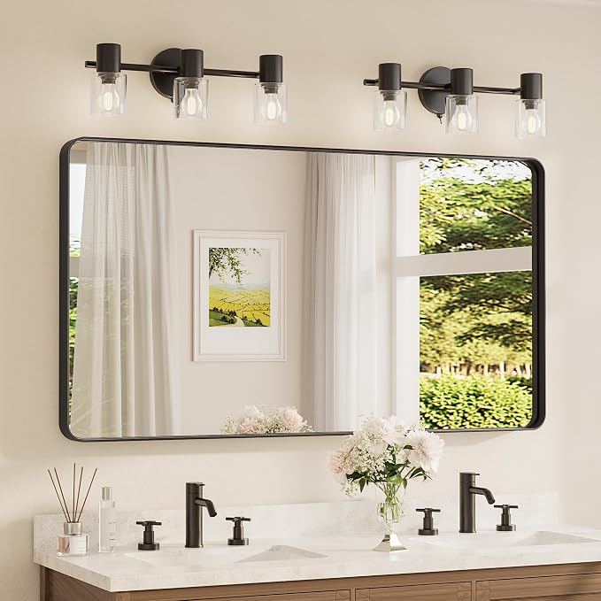 TETOTE 55 x 30 Inch Bathroom Mirror, Matte Black Modern Metal Frame Rectangle Modern Farmhouse Wall Mounted Vanity Mirror (Horizontal/Vertical)