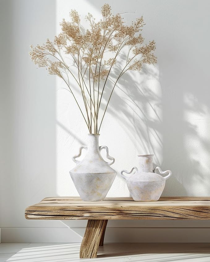 UPWOIGH 14 in Vintage-Inspired Distressed Ceramic Vase with Double Handles, White Handmade Look Flower Vase with Intentional Black Distressing, Modern Rustic Decorative Pottery for Living Room Table