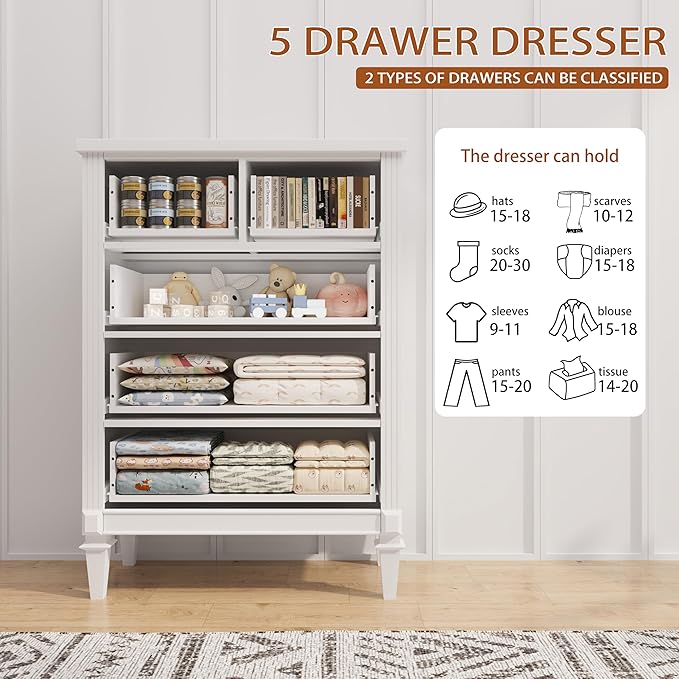 BLANKSPACE 5 Drawer Dresser for Bedroom, 44" Tall Dresser & Chest of Drawers wtih Vintage Surface, Closet Storage Cabinet for Living Room, Hallway, White