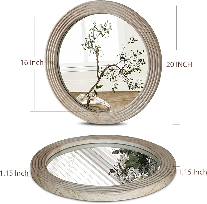 LOSOUR Round Mirror, Farmhouse Decor Solid Wood Frame Wall Circle Mirror, Decorative Mirrors for Bathroom Over Sink, Living Room, Entryway,Bedroom, Entryway, Hallway,Foyer (1, Brown, 20" L x 20" W)
