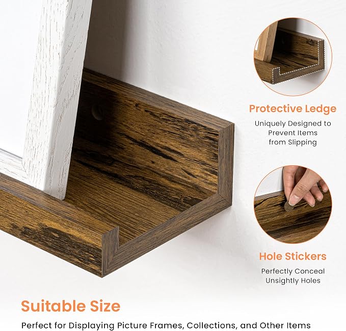 RICHFOCUS Picture Ledge Shelf, 72 inch Floating Shelves Set of 2, Wood Wall Shelves with Lip, Wall Decor Storage for Bedroom Living Room Bathroom Kitchen Nursery Photo Picture, Rustic Brown
